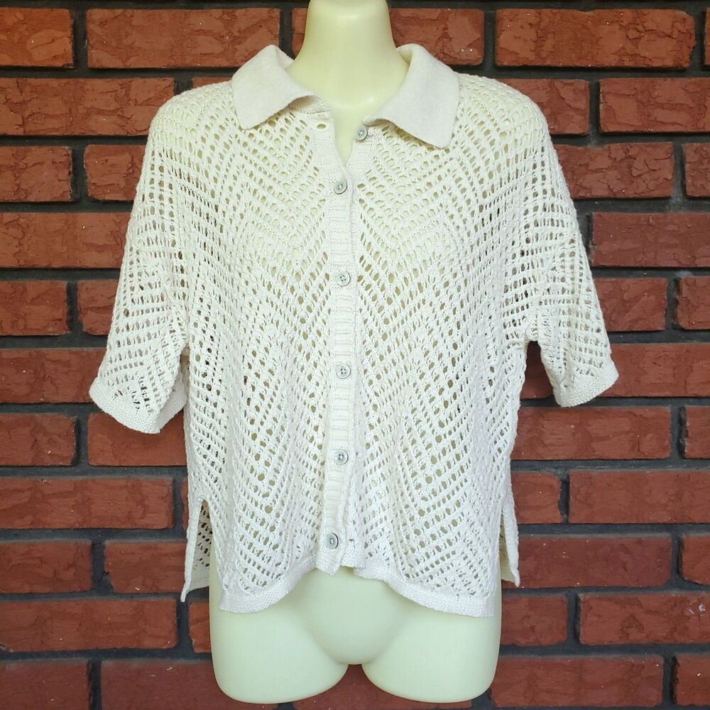 Short Sleeve Open Knit Cardigan XXS  Button Up Sweater Polo Cottagecore Boho